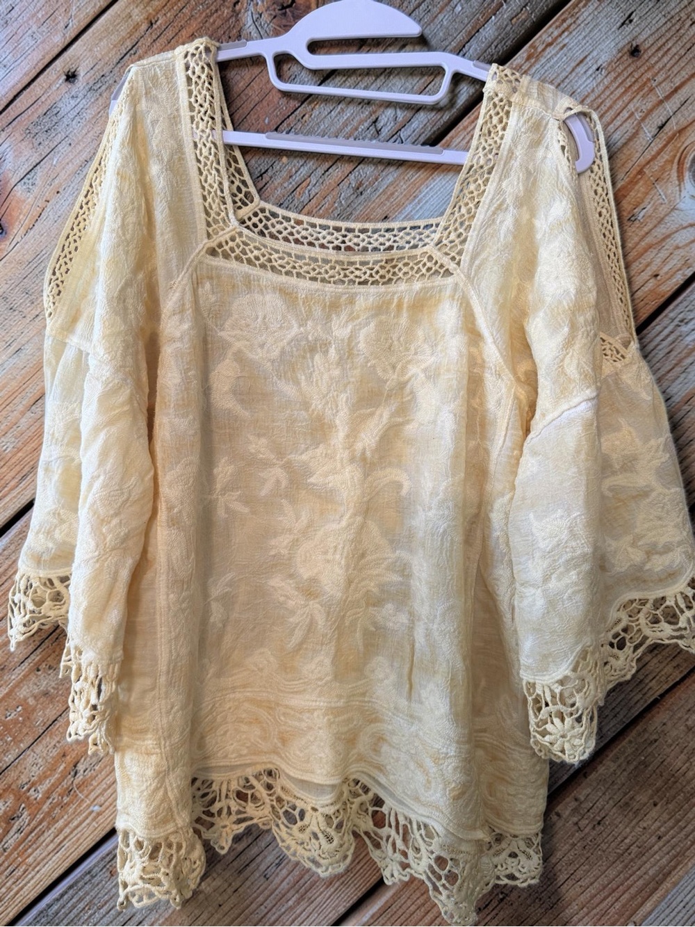 Democracy Boho Cottagecore Lace Trim Top - Soft Lemon Yellow - Picture 3 of 10